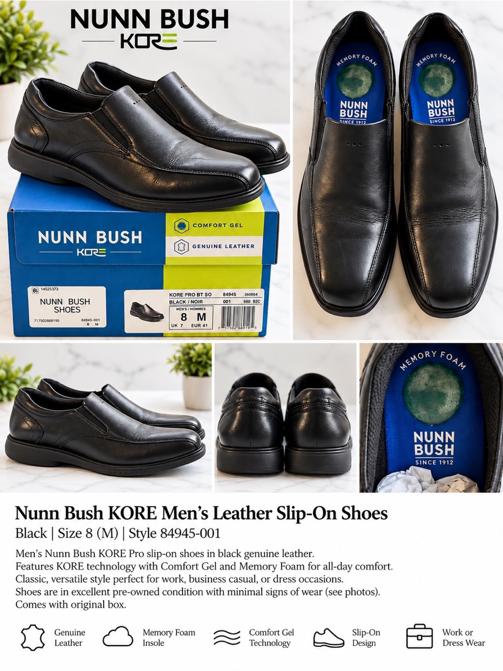 Nunn Bush Black Leather Slip-On Loafers